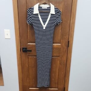 Elodie Blue and White Sheath Midi Dress with Polo Collar